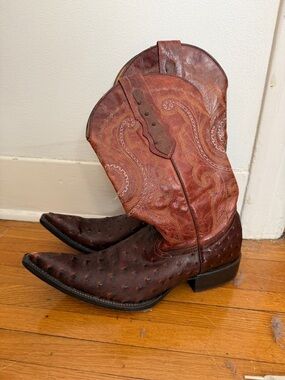 Men's Brown Two-Tone Ostrich & Embroidered Western Boots
